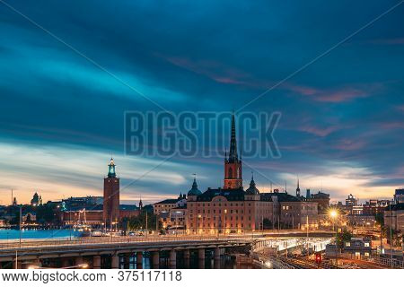Stockholm, Sweden. Scenic View Of Stockholm Skyline At Summer Evening Night. Famous Popular Destinat