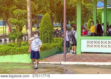 Kanchanaburi,thailand-july 2,2020:thai Students Wear Various Medical Masks To Prevent Themselves Fro
