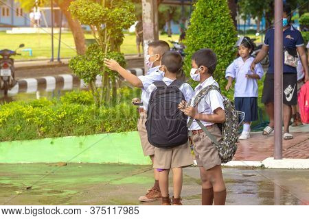 Kanchanaburi,thailand-july 2,2020:thai Students Wear Various Medical Masks To Prevent Themselves Fro