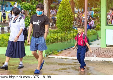Kanchanaburi,thailand-july 2,2020:thai Students Wear Various Medical Masks To Prevent Themselves Fro