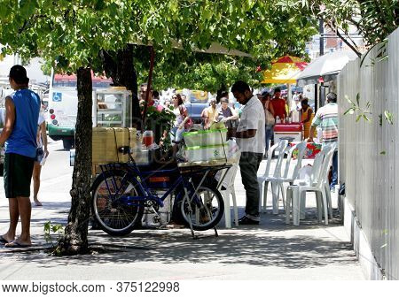 Salvador, Bahia / Brazil - December 14, 2012: Street Vendors Of Snacks On The Sidewalk Of The Pituba