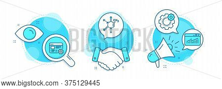 Chemical Formula, Web Settings And Website Statistics Line Icons Set. Handshake Deal, Research And P