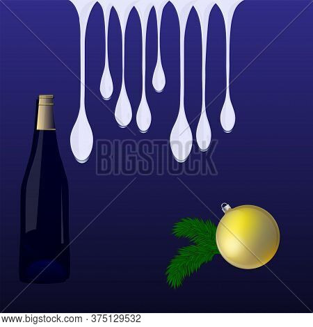 Icicles, A Bottle Of Wine, A Bright Ball - Dark Blue Background - Vector. Banner. Christmas Decorati