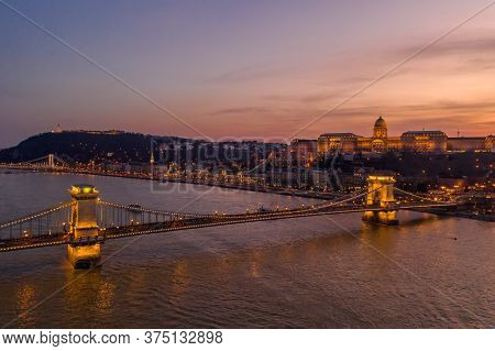 Aerial Drone Shot Of Buda Castle On Buda Hill During Budapest Sunset