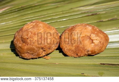 Closeup Of Organic Palm Jaggery On Palm Leaf