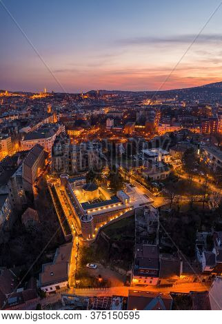 Aerial Drone Shot Of Tomb Of Gul Baba With Lights On In Budapest Sunset