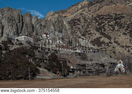 Buddhist Monastery In The Nepalese Mountains, Trekking Along Annapurna Circuit