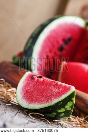 Chunks Of Of Watermelon, Rustic Style, Old Wooden Background, Selective Focus