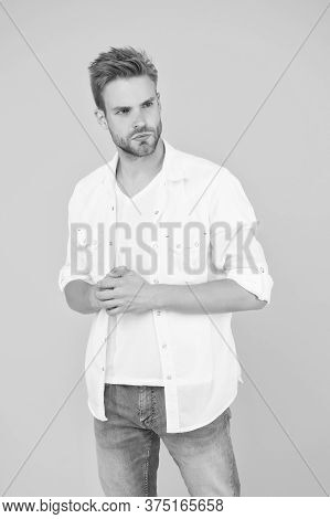 Good Taste In Clothes. Attractive Man Wear Shirt. Confident In His Appealing. Bearded Guy Business S