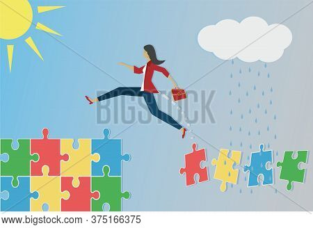 Woman Jumping To Better Circumstances, From Unsafe Puzzle To Stability. Vector Illustration.