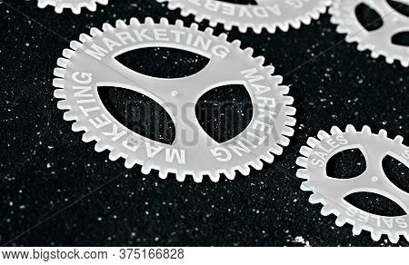 Several Gears With Different Inscription. Topic Of Finance. In Focus Marketing Sales