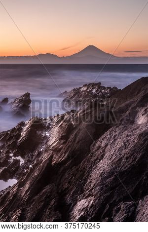Japan Seascape And Mt. Fuji In Sunset. Seen From Jogashima Island , Kanagawa Prefecture. Jogashima I
