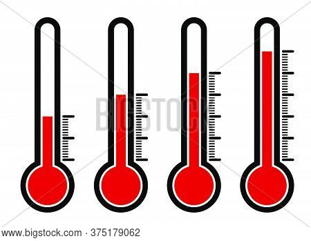 Thermometers Icon Set With Different High Temperature Values. Abnormal Heat. Devices For Measuring T