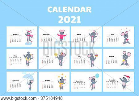 Calendar For 2021 From Sunday To Saturday. Cute Rats In Different Costumes. Mouse Cartoon Character.
