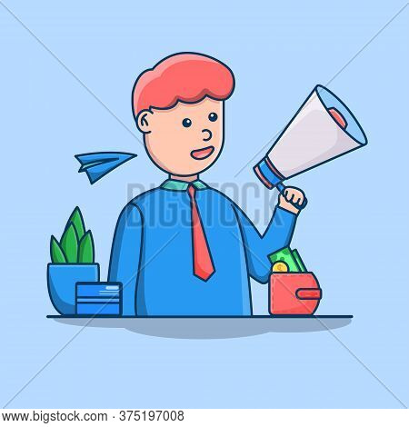 Man Holding Megaphone In Cute Cartoon Style