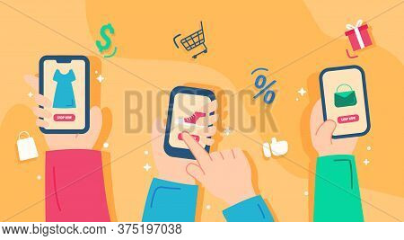 Illustration Online Store In Flat Design - Concept Ecommerce In Cartoon - Hand Holding The Handphone