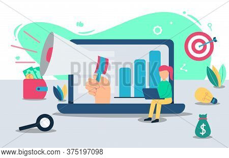 Promotion Illustration In Flat Design With Hand Holding Megaphone Out From Laptop - Broadcast Concep