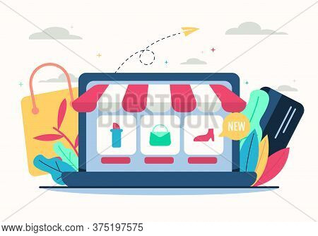 Online Shop Illustration In Flat Design - E Commerce Concept