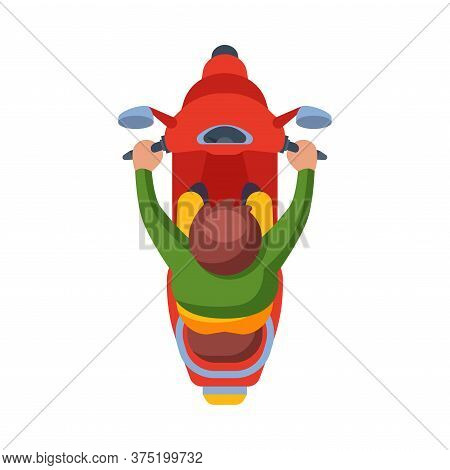 Man Riding Red Scooter, View From Above Flat Vector Illustration