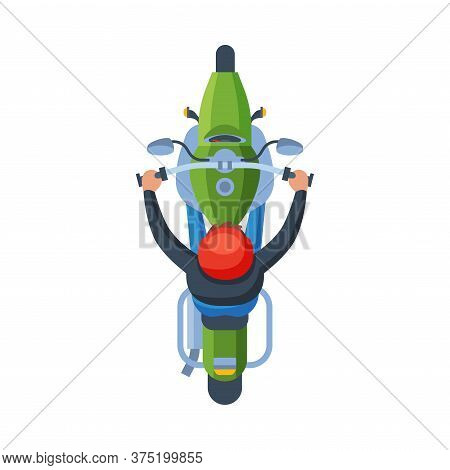 Man In Orange Helmet Riding Motorcycle, View From Above Flat Vector Illustration