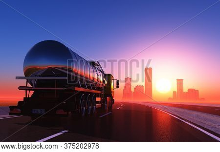 Truck driven by fuel on the road. ,3d render