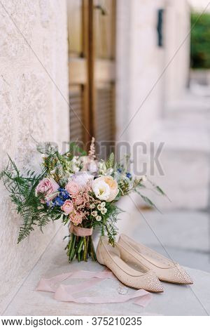 Bridal Bouquet Of Cream Roses, Pink Peonies, Eustoma, Waxflower, Astilbe, Limonium, Branches Of Euca