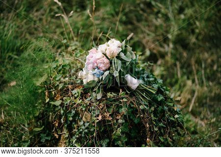 Bridal Bouquet Of White And Pink Roses, Peonies, Hortense Branches Of Eucalypt Tree, Eustoma White R