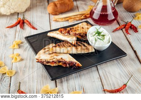 Quesadilla With Tomato Tortilla Fajito Chicken And Mozzarella Cheese, Horizontal