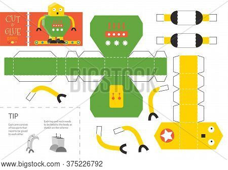 Cut And Glue Robot Toy Vector Illustration. Paper Craft And Simple Educational Worksheet