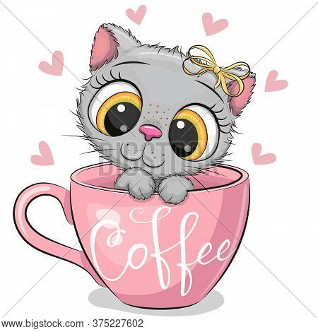 Cute Cartoon Kitten With A Bow Is Sitting In A Cup Of Coffee