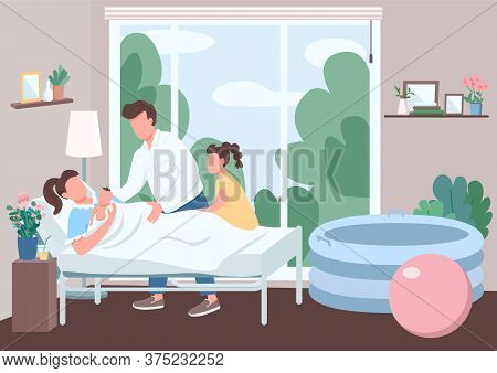 Family Support For Childbirth Flat Color Vector Illustration. Woman In Bed Hold Baby. Husband And Si