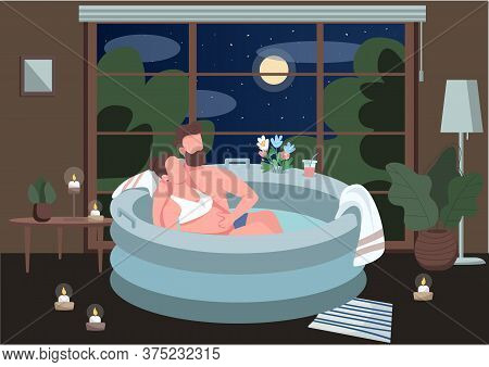 Expecting Couple In Tub Flat Color Vector Illustration. Comfortable Environment For Alternative Birt