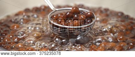 Cooking, Boiling Brown Sugar Flavor Tapioca Pearl Balls, Ingredient Of Bubble Tea, Preparing Food An