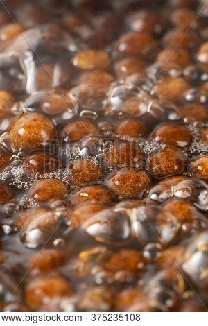 Cooking, Boiling Brown Sugar Flavor Tapioca Pearl Balls, Ingredient Of Bubble Tea, Preparing Food An