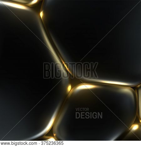 Black And Golden Soft Bubbles. Abstract Background. Vector 3d Illustration. Cell Membrane Tension Ef