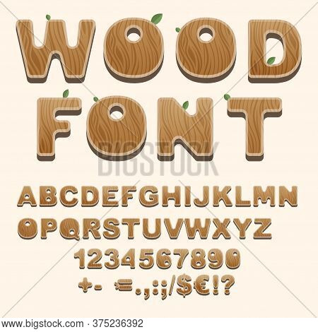 Set Of Natural Style Alphabet Letters, Numbers, Punctuation And Sans Serif Characters. Wooden Font I