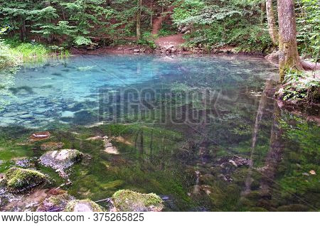 Clear Blue Lake In Summer Forest, Important Landmark In Romania, Ochiul Beeiului Lake