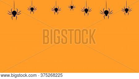 Halloween Orange Background Decoration With Spider Hanging On A Thread. Halloween Wallpaper For Kids