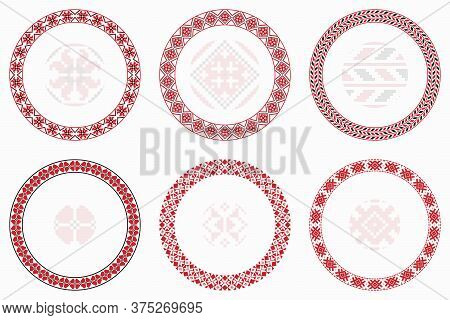 Slavic Geometric Round Patterns Set. Borders, Frames. Vector Illustration Of Round Slavic Embroidery