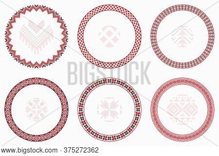 Slavic Geometric Round Patterns Set. Borders, Frames. Vector Illustration Of Round Slavic Embroidery