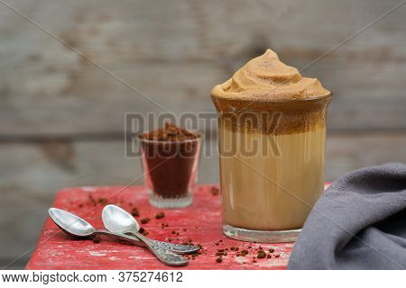 Trendy Dalgona Coffee - Corean, Indian Phenti Hui Drink. Iced Frothy Whipped Ultra Fluffy Texture. V