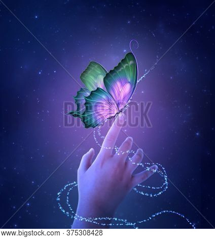 Fantasy Scene Of A Landscape With Stars And Moon Lying On The Field. Photo Manipulation. Illustratio