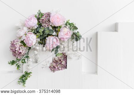Flower Wall, Wedding Backdrop, Floral Hand Made Decoration. Light Background Of Artifical Flowers. V