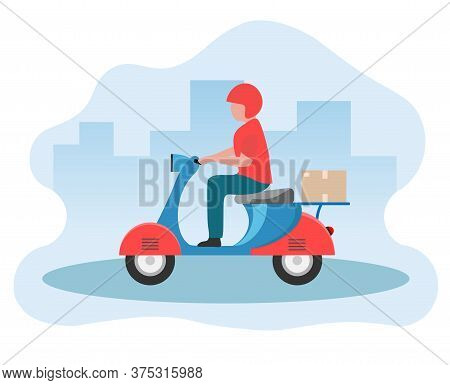 Vector Illustration Of A Motorcycle Courier Riding On The Road