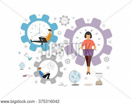 Vector Illustration Of A Group Of People Working At A Computer In A Network, Teamwork