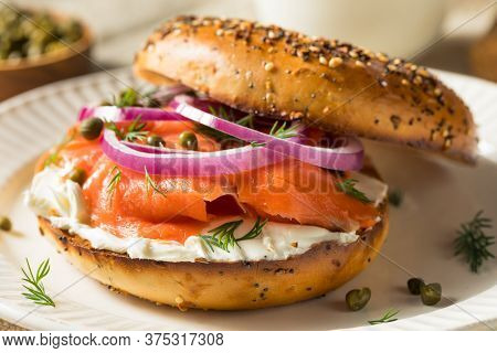 Homemade Bagel And Salmon Lox With Cream Cheese And Dill