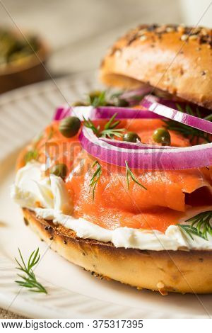 Homemade Bagel And Salmon Lox With Cream Cheese And Dill