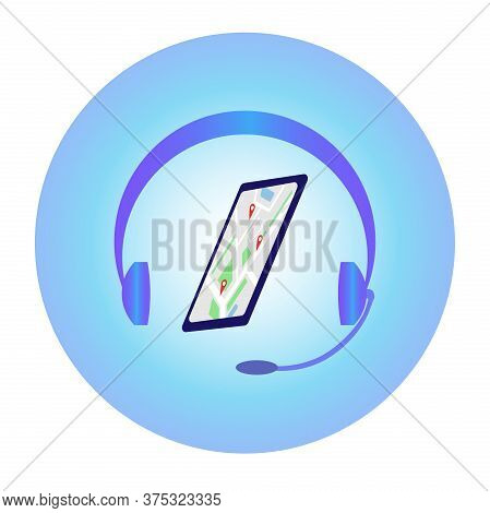 Vector Illustration Of A Phone With A City Map And A Headset Headphones With A Microphone On A Blue 