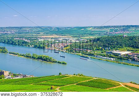 Aerial Panoramic View Of River Rhine Gorge Or Upper Middle Rhine Valley With Vineyards Green Fields,