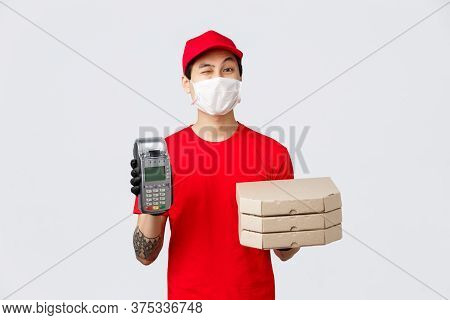 Contactless Delivery, Safe Purchase And Shopping During Coronavirus Concept. Cheerful Fast-food Empl